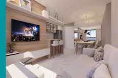 sala com dios ambientes, decoração luxuosa e janelas de parede inteira.