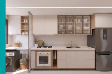 bancadas de cozinha, área de serviço e armários em decoração luxuosa.